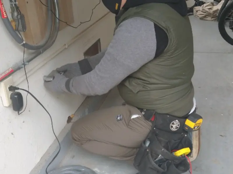 Electrician performing outlet wiring in a Sandy Creek garage